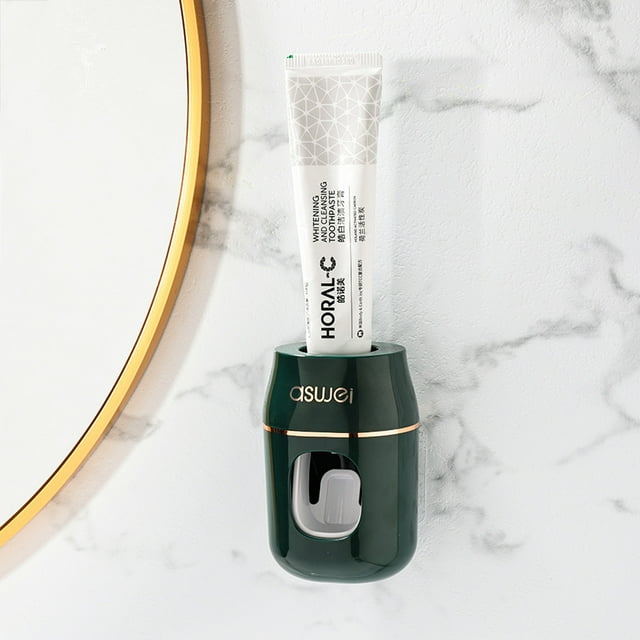 Wall-Mounted Automatic Toothpaste Dispenser with Toothbrush Holder, No-Drill Installation, Space-Saving Design, Universal Fit for Kids & Adults, Child-Friendly, Green with Gold Trim, Modern Luxury