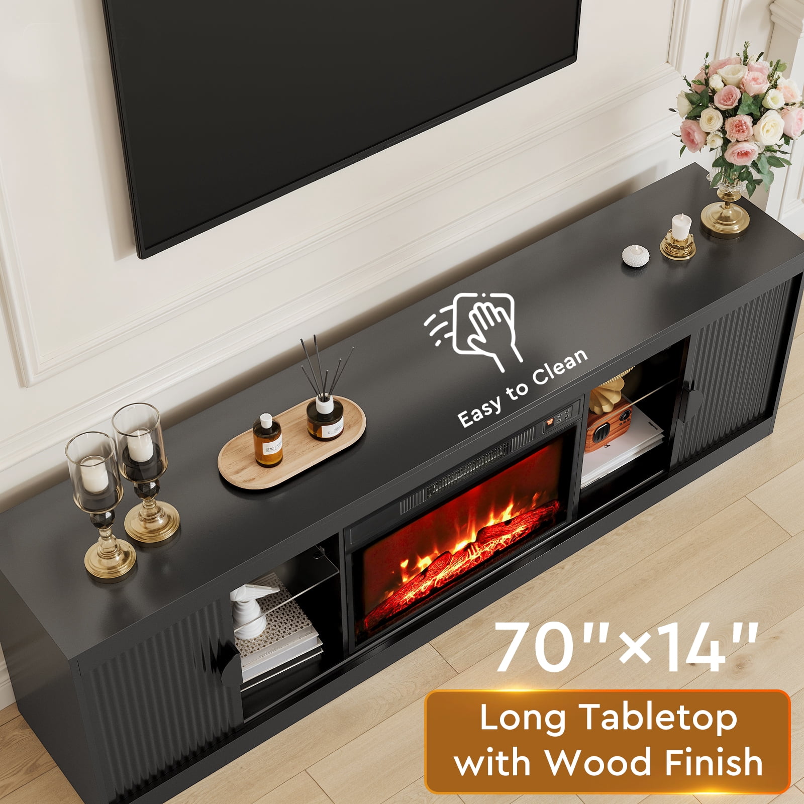 Holliwill 70" Fireplace TV Stand for TVs up to 80" with LED Lights, Fluted Modern Entertainment Center with 23" Electric Heater TV Console with Sliding Door for Living Room, Black