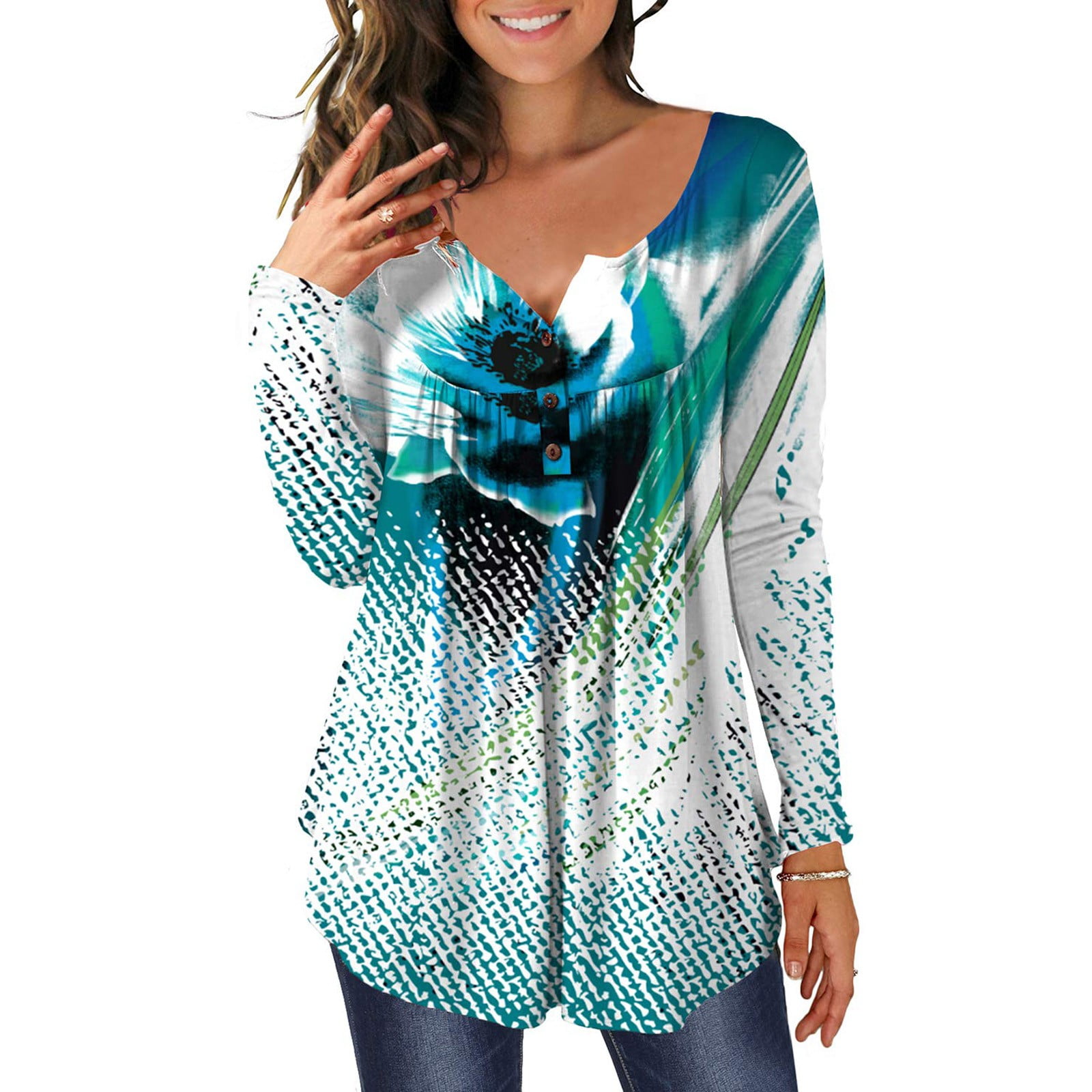 Long Sleeve Tops For Women, Plus Size Tops Tops Plain T Shirts Women's Round Neck Printed Buttons Asymmetric Hem Top Under 10 Dollars Prime Casual Tops White (S, Green)