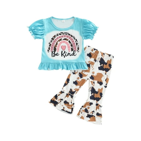

Canrulo 2pcs Toddler Baby Girls Lovely Clothes Ruffles Short Sleeve Rainbow Letter Printed T Shirts+Cow Flare Pants Sets Blue 3-4 Years