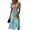 thumbnail image 3 of Watercolor Floral Print Dress for Women V Neck Short Sleeve Dress A Line Midi Casual Summer Outfit Flowy Lightweight Party Wear Vacation Boho Chic Light Green XXXL, 3 of 6