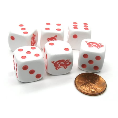 White Pig - Koplow Games Set of 6 Pig 16mm D6 Round Edged Animal Dice - White with Pink Pips #00514