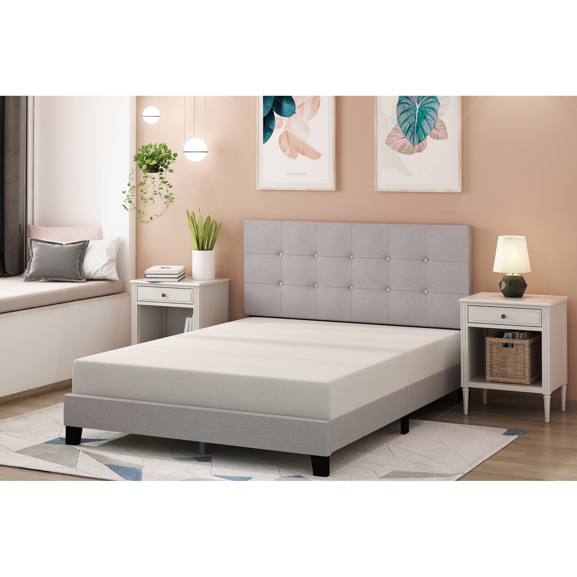 Furinno LAVAL Queen Upholstered Bed Frame with Button-Tufted Headboard and 12-Piece Wooden Slat Support, Light Grey