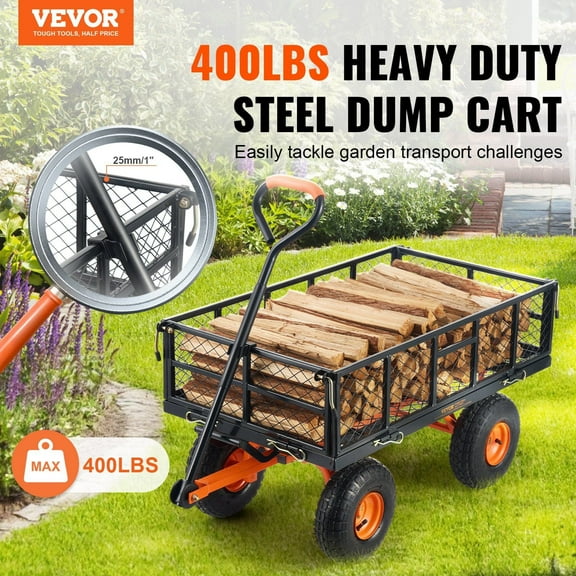 Metal Utility Dump Cart 400LBS Capacity, 10 Inch Wheel Garden Wagon w/Easy Convert Handle, Foldable Yard Wheelbarrow