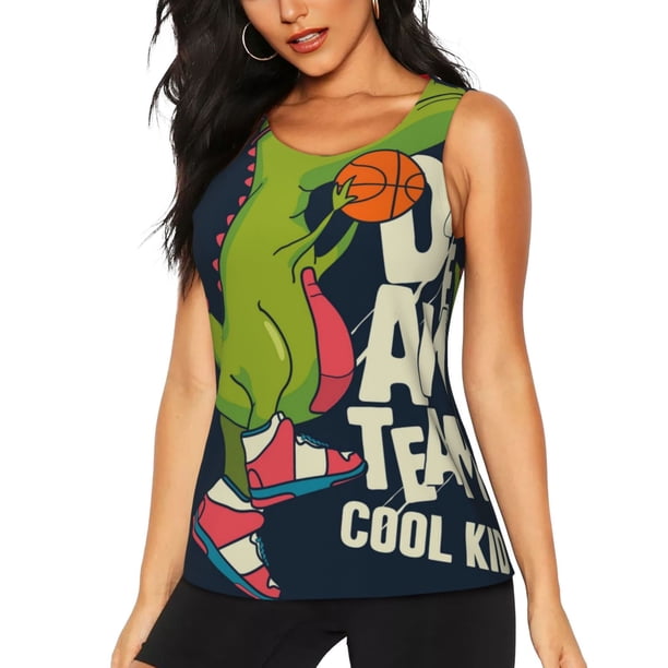 Balery Dinosaur Basketball Player Camiseta sin mangas estampada ligera para mujer, tops de entrenamiento sin mangas, camisetas de yoga transpirables de secado rápido.-X-Large