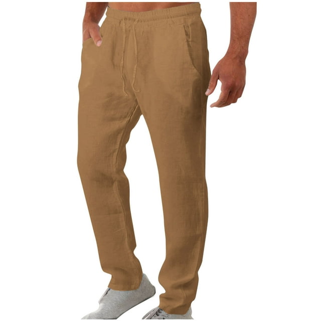 Pantalones largos para hombre, lisos, informales, con bolsillos, cintura elástica, para exteriores, de poliéster