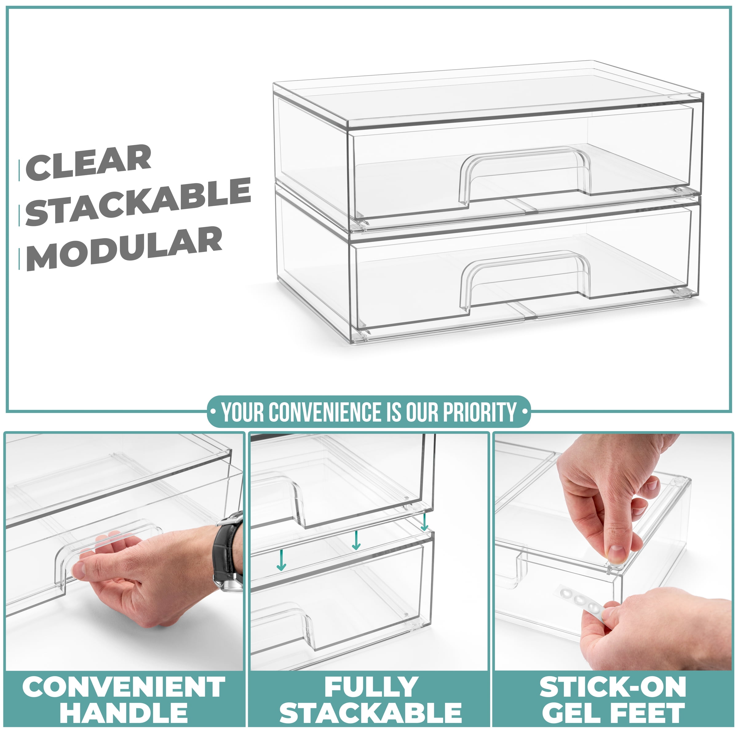 Sorbus Acrylic Storage Containers - 2 Pack, Stackable Storage Bins Set for Bathroom Organization - Clear Acrylic Drawer Organizers - Makeup Case Pull-Out Drawers (12.1’’ Wide)