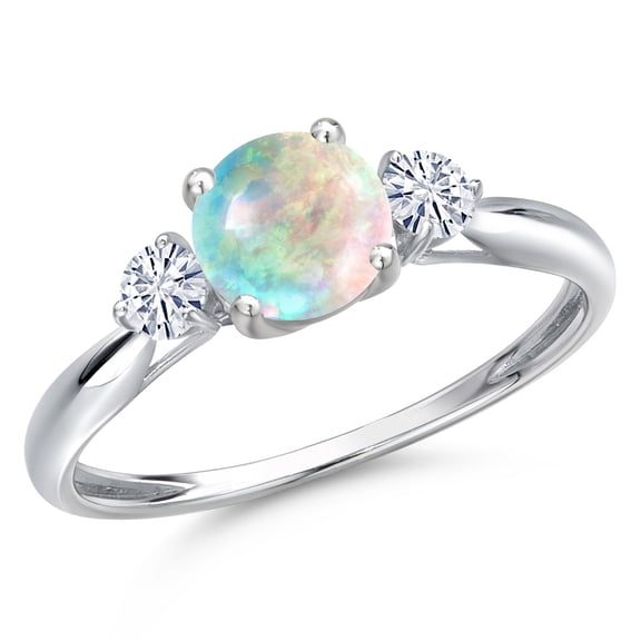 Gem Stone King 10K White Gold Simulated White Opal and White Moissanite 3-Stone Ring for Women | 0.50 Cttw | Round Cabochon 6MM | Gemstone October Birthstone | Size 8