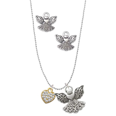 Delight Jewelry Goldtone Clear Crystal Heart Silver tone Guardian Angel Charm Necklace and Stud Earrings