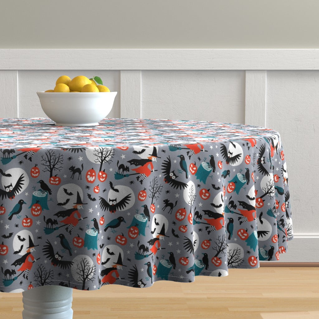 Round Tablecloth Halloween Vintage Rero Owl Witch Moon Bats Scary