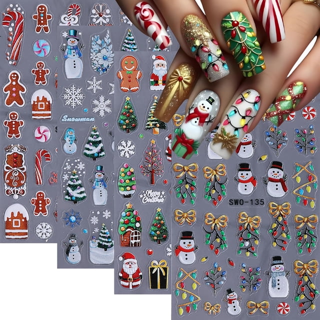 Adhesivos para uñas Lukmexor con estampado 5D, árbol de Navidad para invierno, 4 unidades