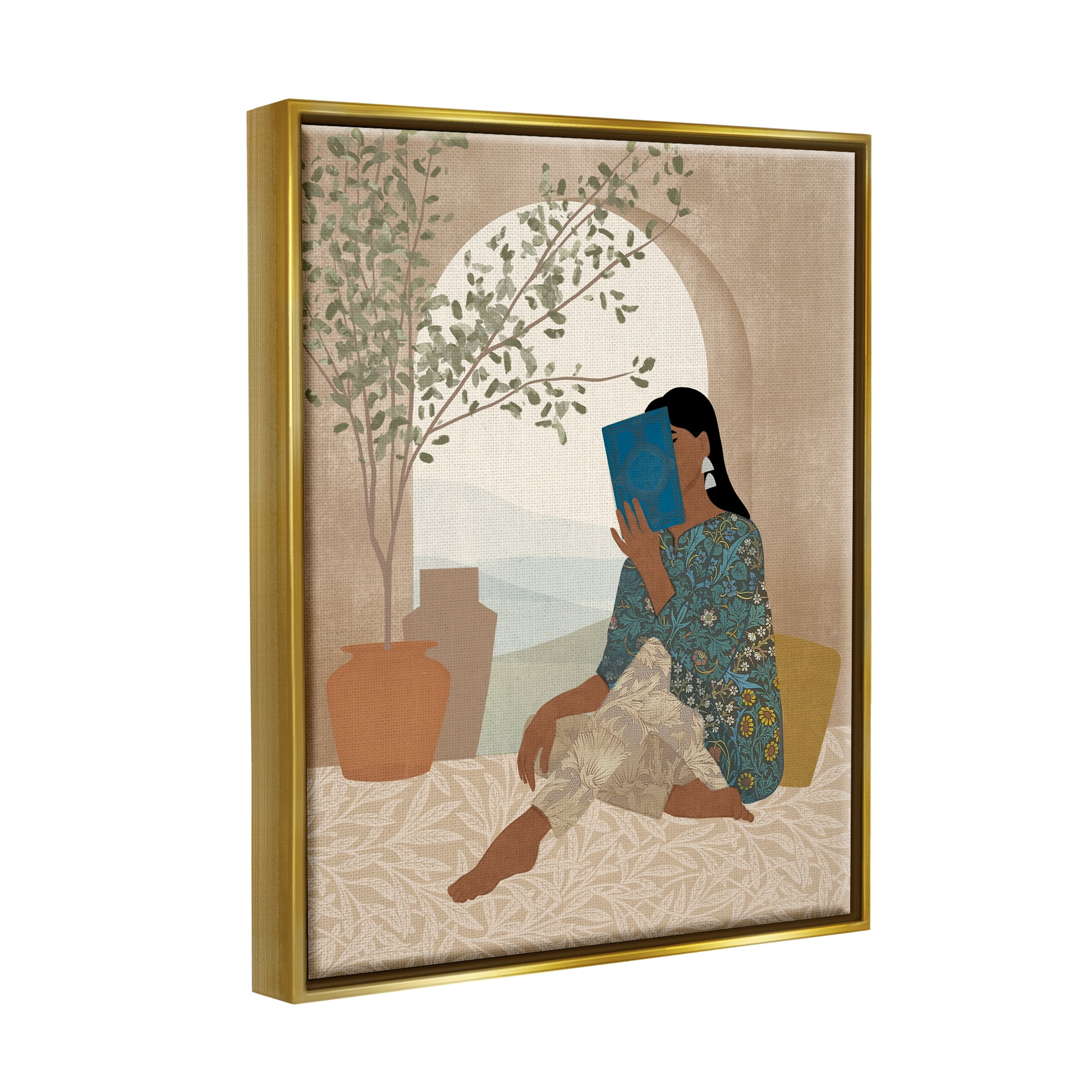 Stupell Industries Boho Woman Reading Botanical & Floral Painting Gold Floater Framed Art Print Wall Art, 17 x 21
