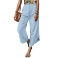 thumbnail image 2 of Women's Summer Wide Leg Linen Capris Drawstring Elastic Waist Loose Fitting Breathable Asymmetrical Hem Cropped Trousers Light Blue S, 2 of 6