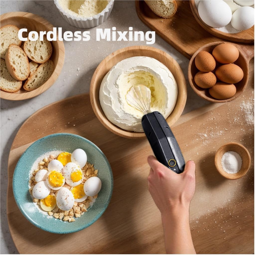 ABCISI Cordless Hand Mixer, Foldable Design Handheld Electric Whisk with 3 Speed Modes, Rechargeable Egg Beater with 2 Detachable Stir Whisks for Eggs/Milkshake Cream/Butter/Baby Food (Black)