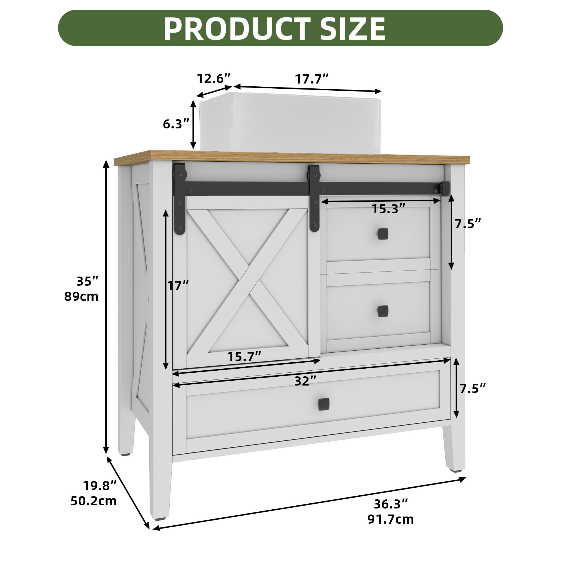 Uforic 36 Inch Bathroom Vanity with Ceramic Sink Basin, Farmhouse Style, Sliding Barn Door Cabinet & 3 Drawers, Freestanding Storage Vanity for Bathroom/Apartment, White