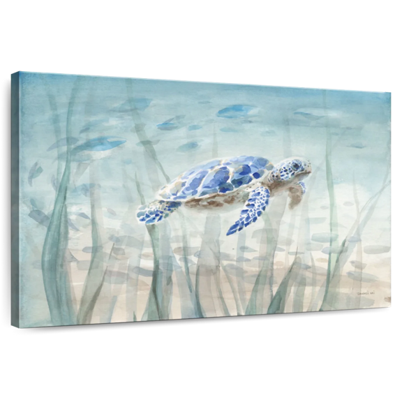 Elephant Stock Undersea Turtle Wall Art - Horizontal Canvas Wall Art - Living Room Wall Decor - Animal Canvas - Blue And Beige Decor By Danhui Nai - 12" x 8"