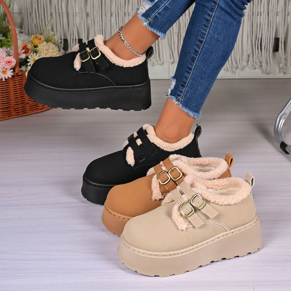 BXJX Womens Ankle Boots, Non Slip Warm Fleece-Lined Double Buckle Winter Boots Beige Size 9