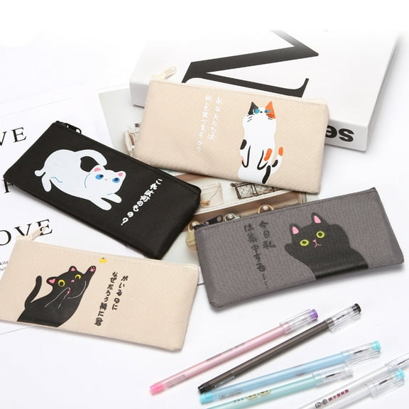 4PCS Cartoon Canvas Pencil Pouch, Cute Cat Pen Case Kawaii Pen Holder Zipper Stationery Bag Makeup Cosmetics Bag Organizer for Office Supplies