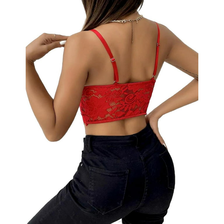 Red Sexy Plain Contrast Lace Cami Spaghetti Strap Women's Tank Tops Camis