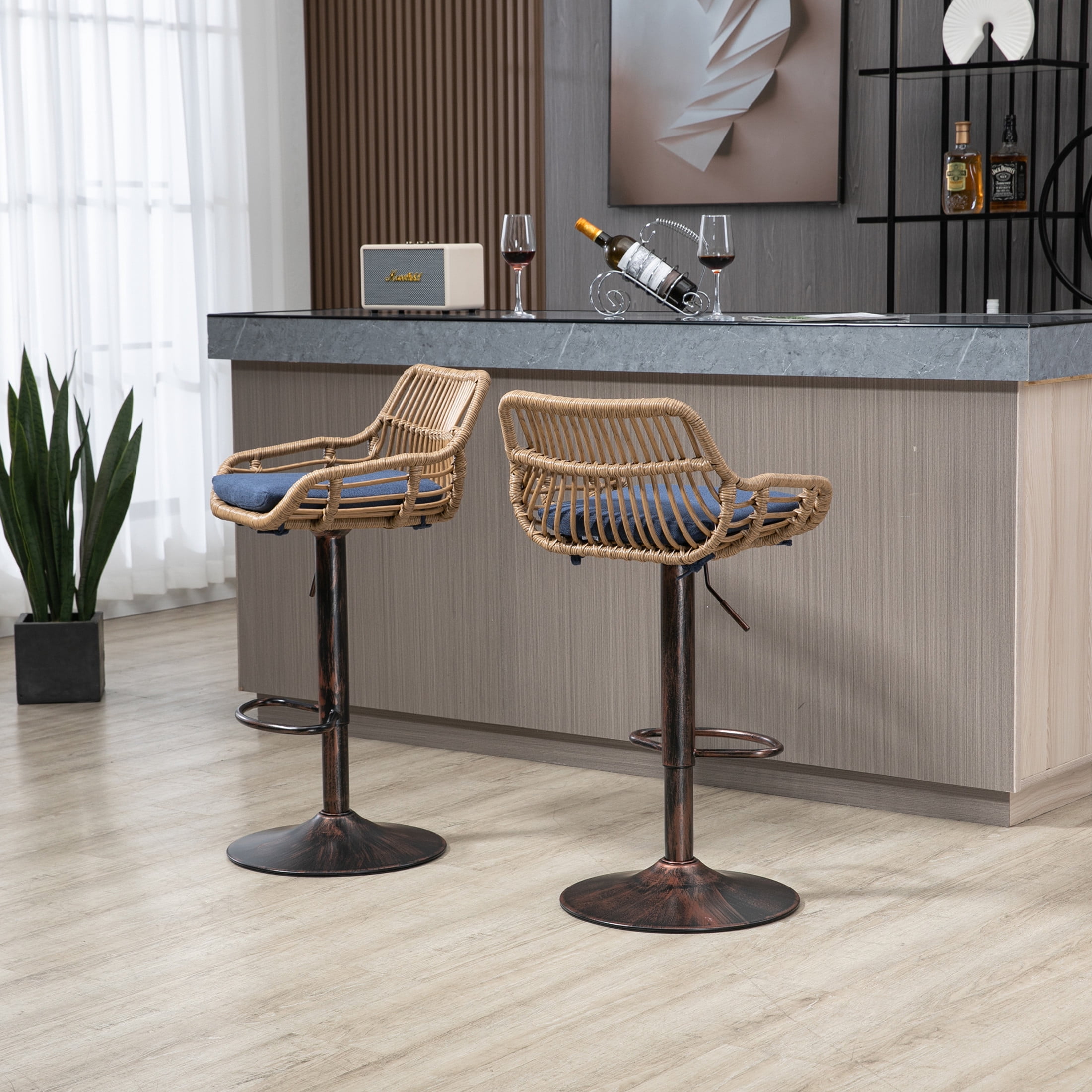 Noble House Swivel Bar Stools Set of 2, Adjustable Counter Height Chairs with Footrest, Blue