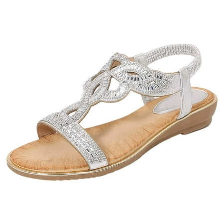 

LIANGP Women s Sandals Rhinestone Roman Sandals Summer Ethnic Open Toe Thick Bottom Slope Heel Women S Shoes Women s Shoes Silver Size 9.5