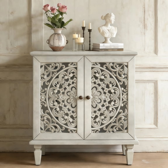 MDQMD 31.5"White Buffet Cabinet with Storage,2 Door Storage Cabinet with Symmetrical Floral Design,Vintage Sideboard Cabinets with Vintage Handle,Wood Cabinets with Doors and Shelves for Living Room