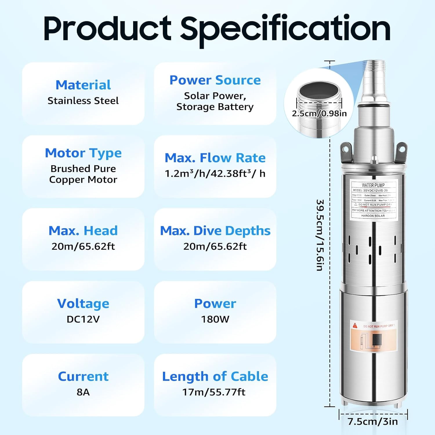 Solar Water Pump, 12V DC Submersible Deep Well Pump, Max. Head 65.62Ft, Max. Flow Rate 42.38Ft³/ h, W/55.77Ft Power Cord, Water Pump Powered by Solar or Battery for Well