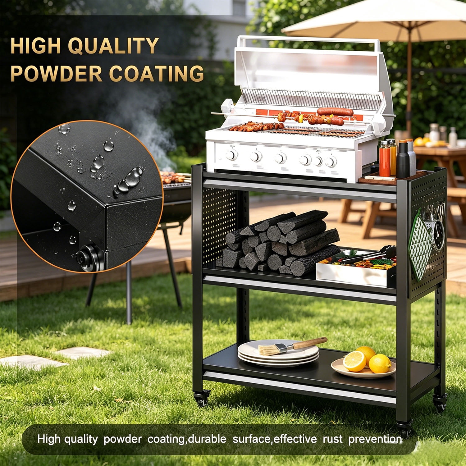 Heavy-Duty Grill Cart with 3-Tier Storage and Pegboard for BBQ