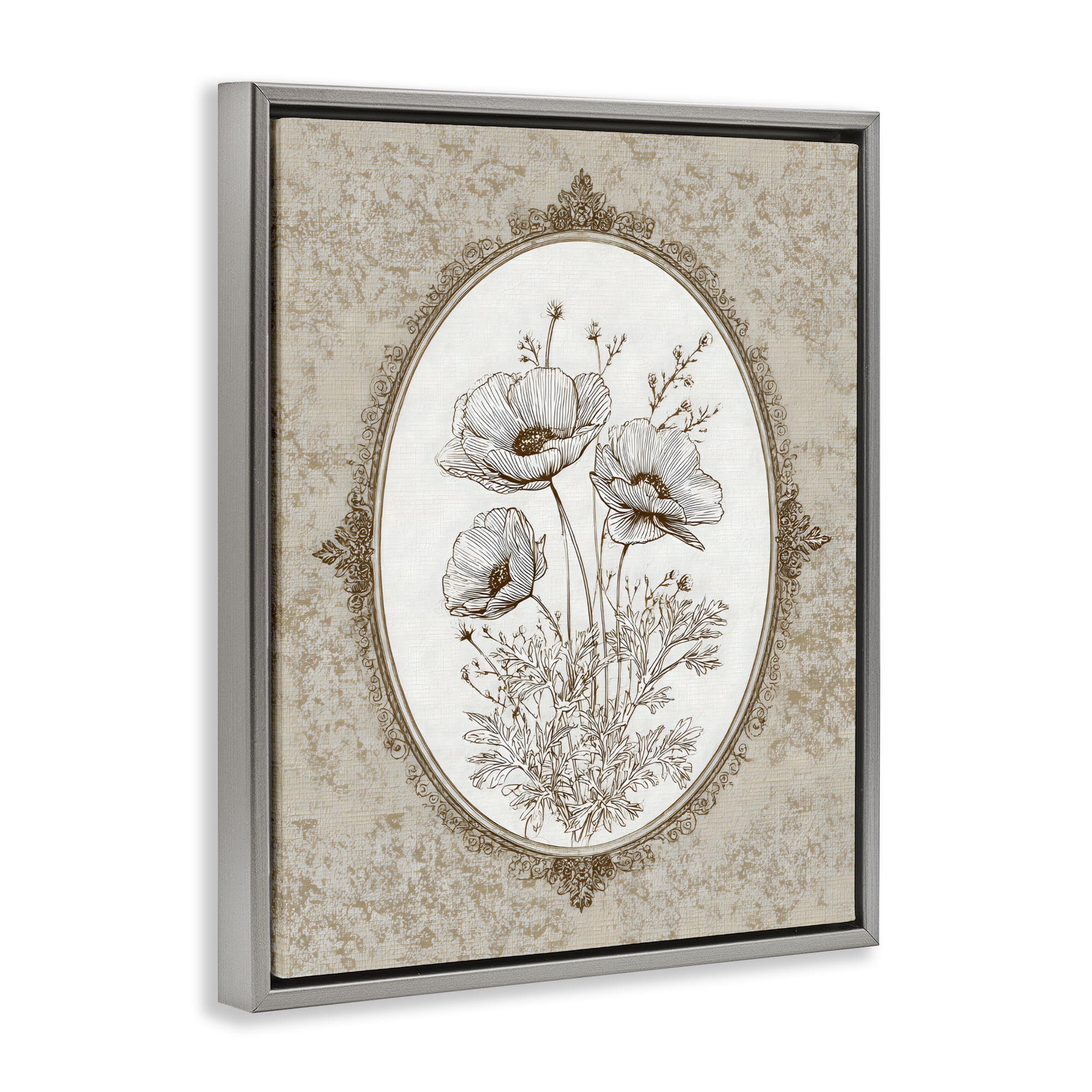 Stupell Industries Vintage Floral Sketch of Poppies Gray Framed Floater Canvas Wall Art, design by Ink Drop Loft