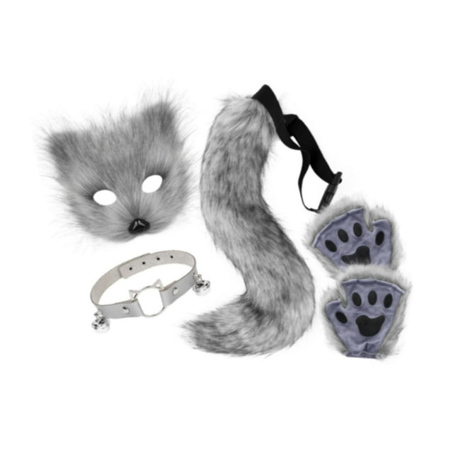 BELOVING Ensemble Collier et Queue d'Animal Visage d'Halloween pour Bal Boîte de Nuit Jeu de Rôle Gris Foncé