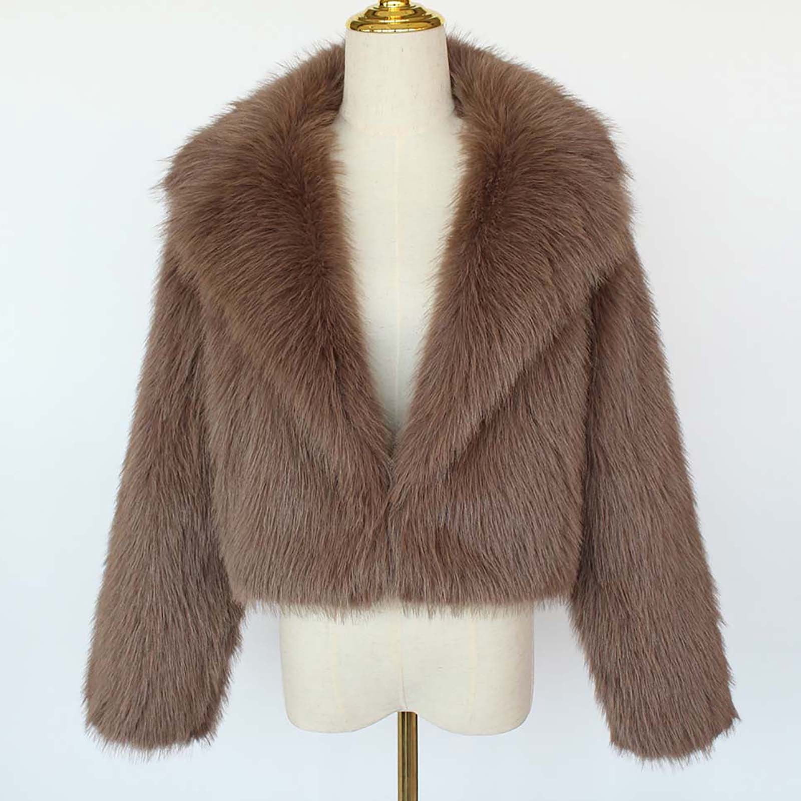 QATAINLAV Faux Fur Coats for Women Open Front Long Sleeve Lapel Fluffy Jacket Warm Shaggy Winter Outerwear, Brown, S
