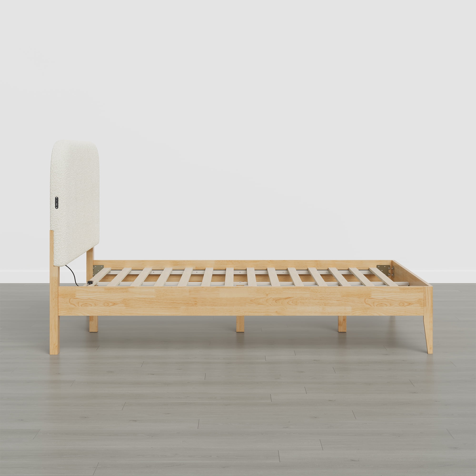 Spruce & Spring Modern Upholstered Bed Frame with Bouclé Headboard, USB & Type-C Charging Ports, Queen