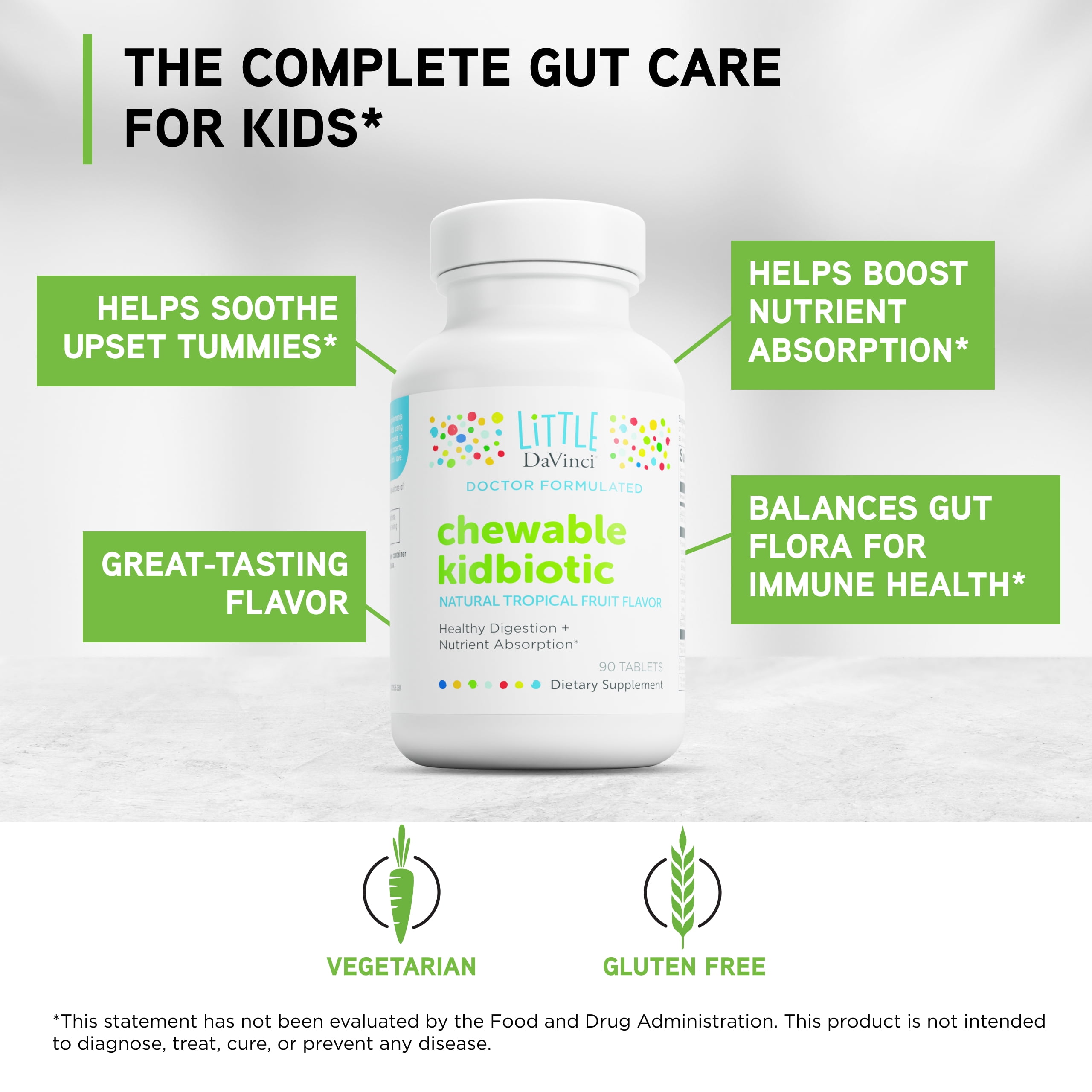 Little DaVinci Chewable Kidbiotic - Probiotic for Children - Tropical Fruit Flavor - 90 Chewable Tablets
