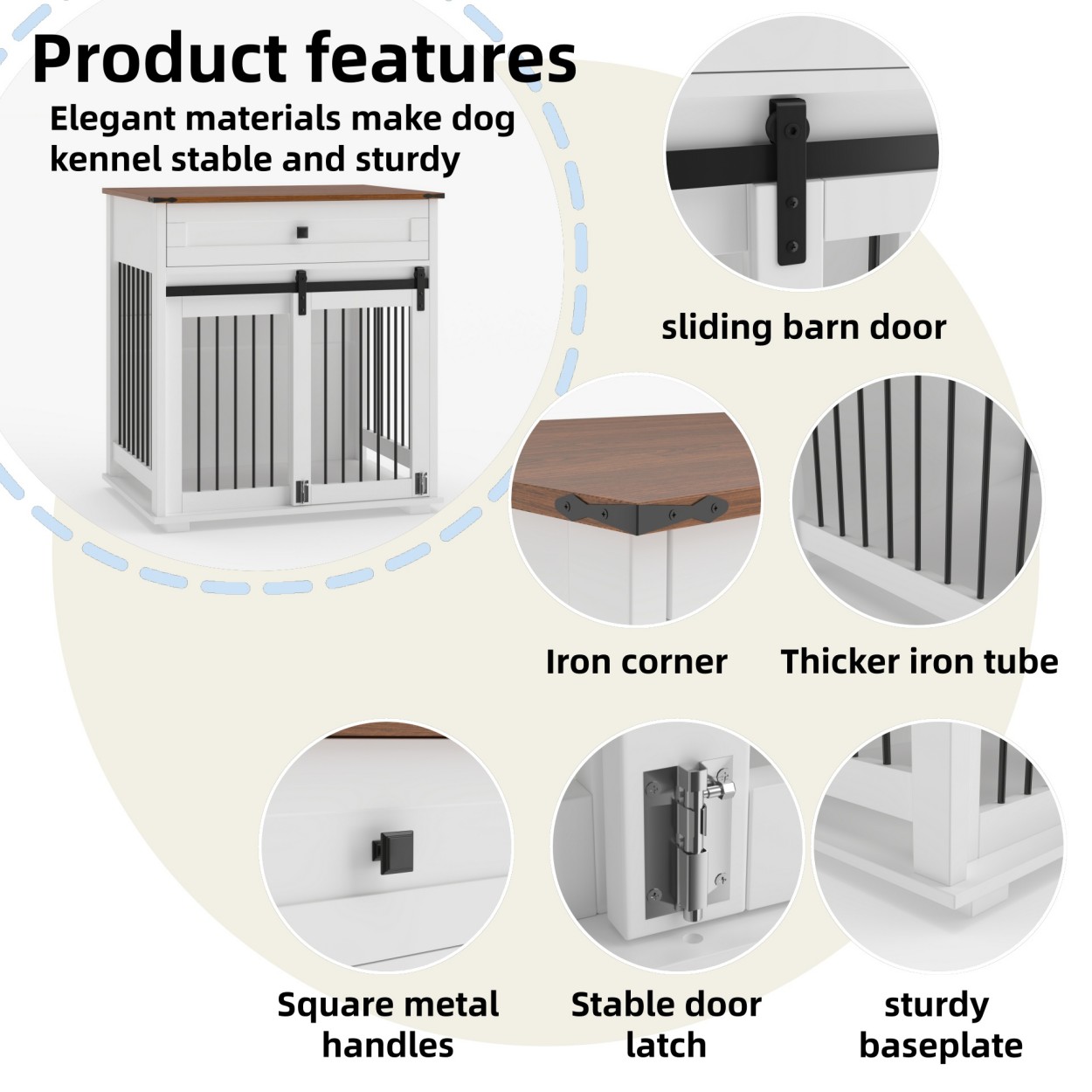 Dog Crate Furniture with Sliding Barn Door, Storage Drawer & Metal Bars, Heavy Duty Indoor Kennel End Table for Small & Medium Dogs, Brown white