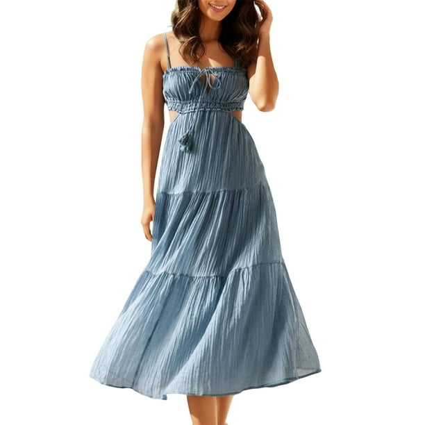 Vestido largo sin mangas con cuello en V para mujer - Color liso, gasa, informal, primavera/otoño