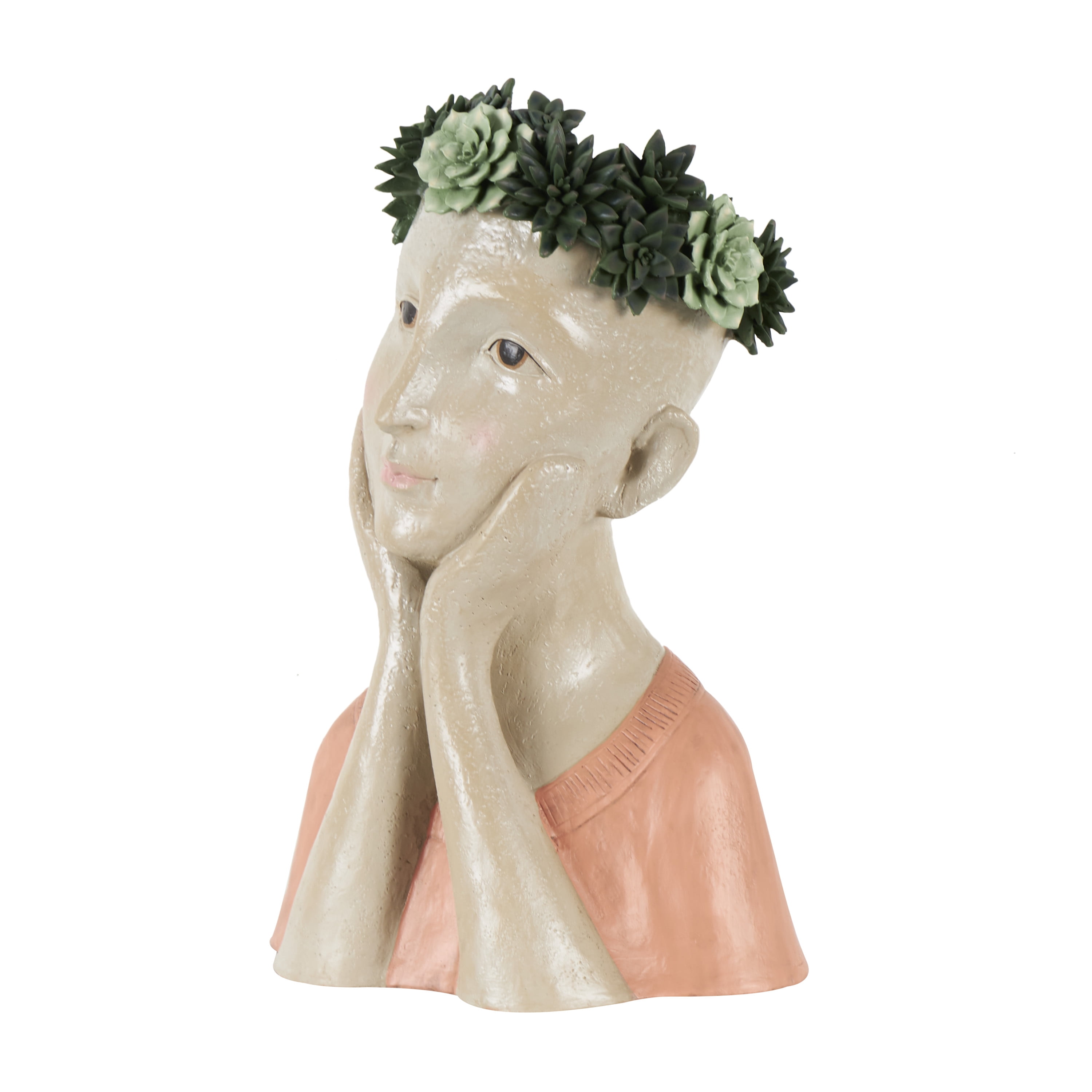 DecMode 10" x 17" Bust Beige Resin Woman Planter with Succulent Crown and Orange Top