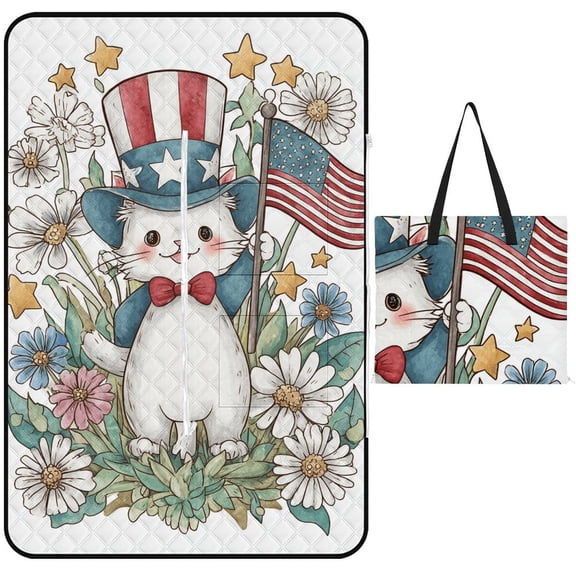 Patriotic Cat Flowers Fourth July Waterproof Picnic Blanket with Foldable Zipper, Suitable for Outdoor Use, Suitable for Travel, Camping, Beaches, Parks, Grasslands, Picnic Blanket Accessories