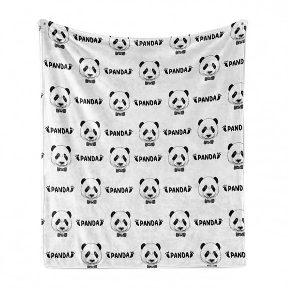 Panda Soft Flannel Fleece Throw Blanket, Panda Face Head and Small Footprint Silhouette Childish Kids Theme Illustration, Cozy Plush for Indoor and Outdoor Use, 50" x 70", Black White, by Ambesonne
