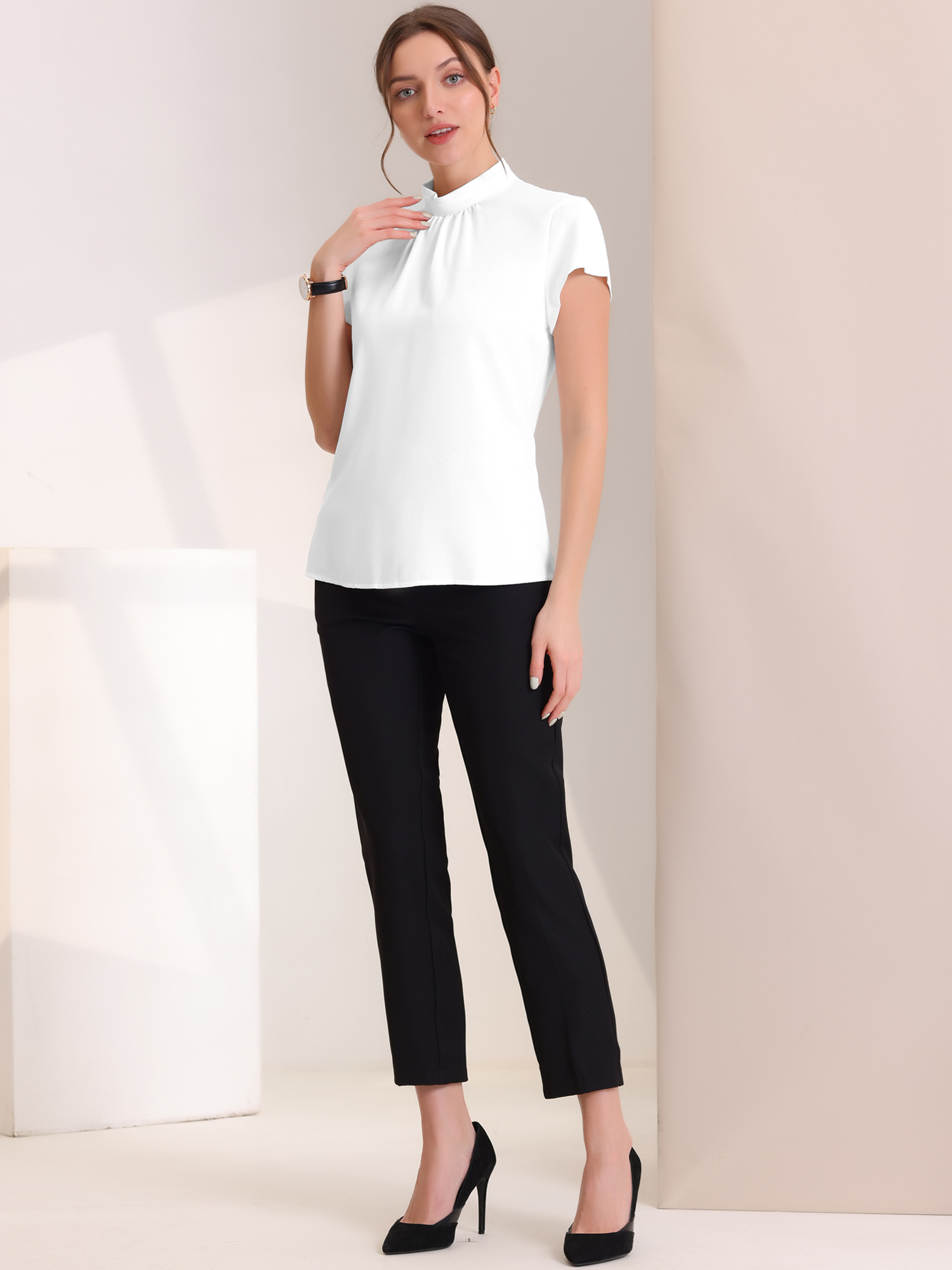 DARING DIVA Stand Collar Cap Sleeve Keyhole Back Blouse L White