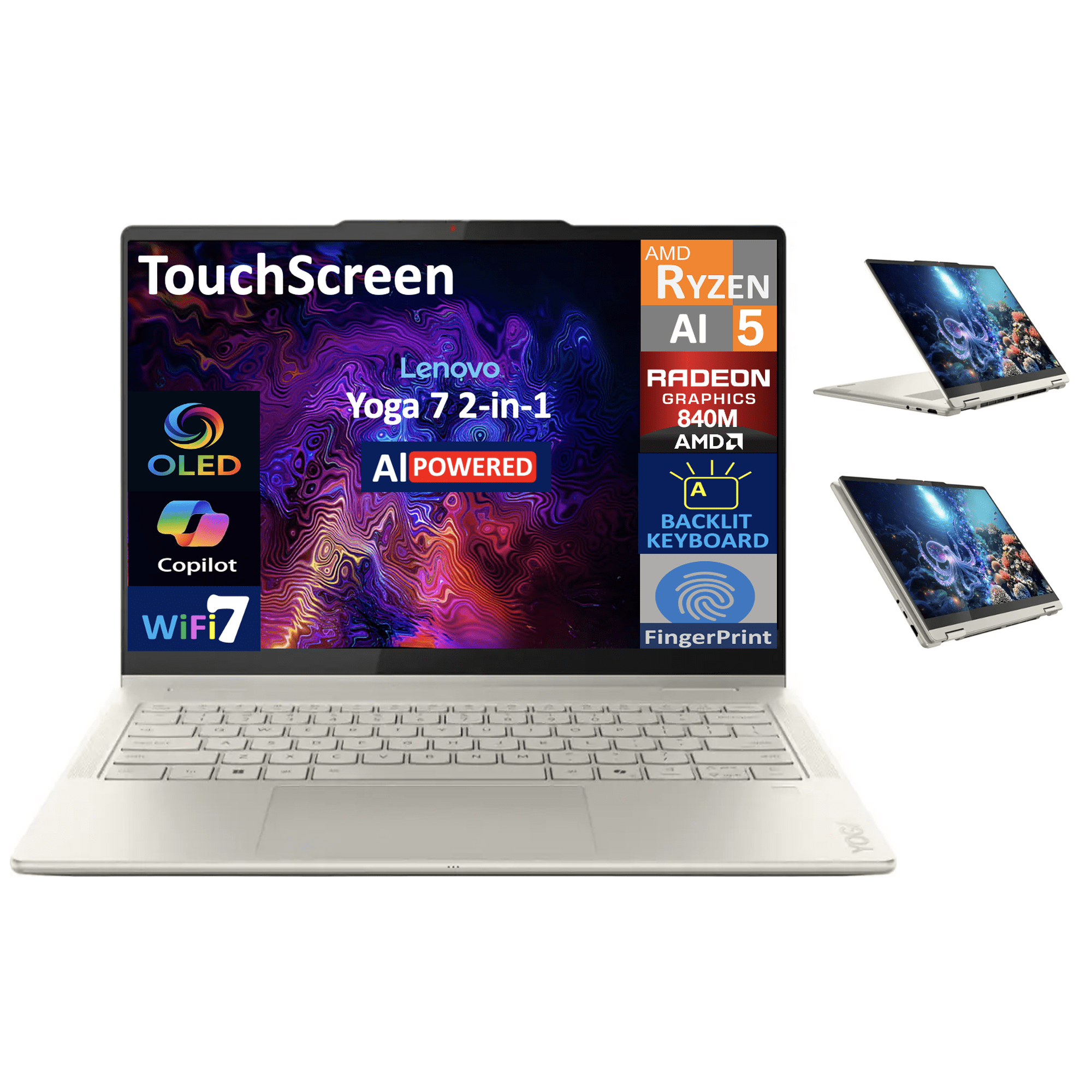 Lenovo Yoga AI Powered 2-in-1 Laptop 14.0in Touchscreen OLED WUXGA Display (AMD Ryzen AI 5 340, 16GB LPDDR5X, 512GB SSD, Backlit KB, Fingerprint, WiFi 7, Webcam, Bluetooth 5.4, Win 11 Home)