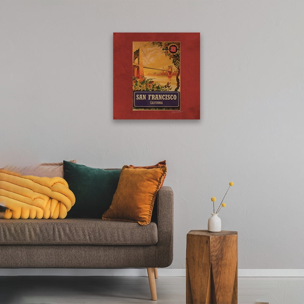 VINTAGE DESIGNER SAN FRANCISCO BRIDGE - 14"x14" Canvas Artwork - Multi-Color 30 x 30