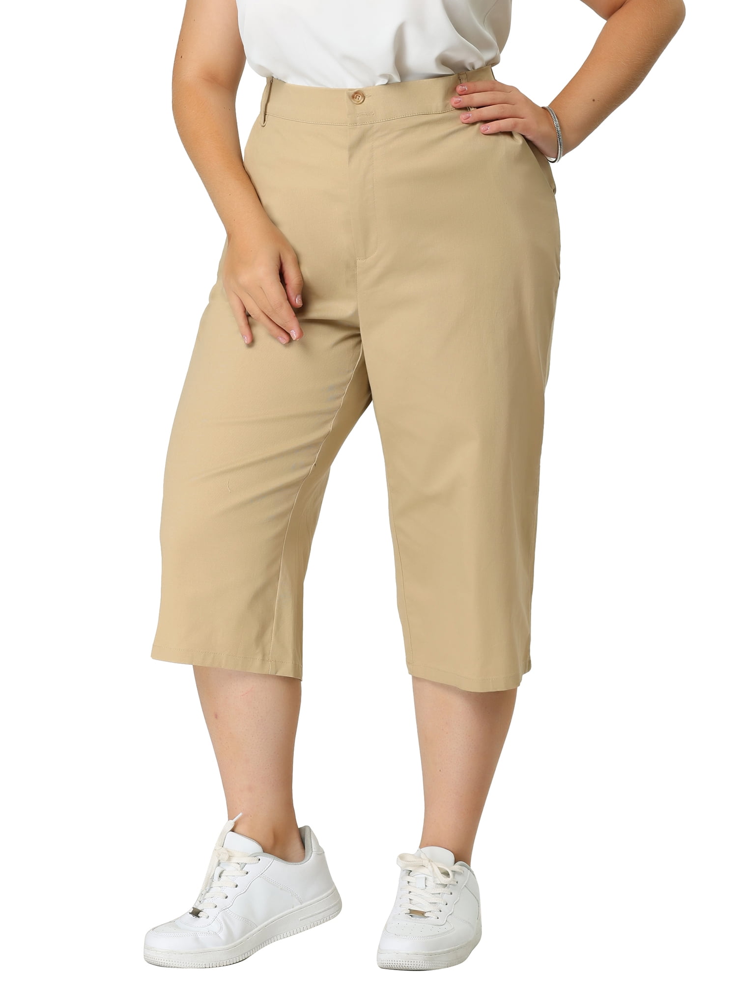 Women's Plus Size Capris Pants White or Tan/Khaki Elastic Waist Style K32 NEW 