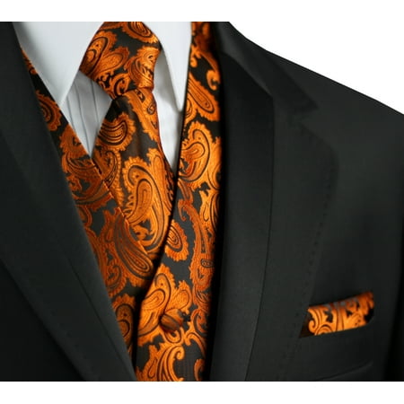 Italian Design, Men's Formal Tuxedo Vest, Tie & Hankie Set for Prom, Wedding, Cruise in Burnt Orange