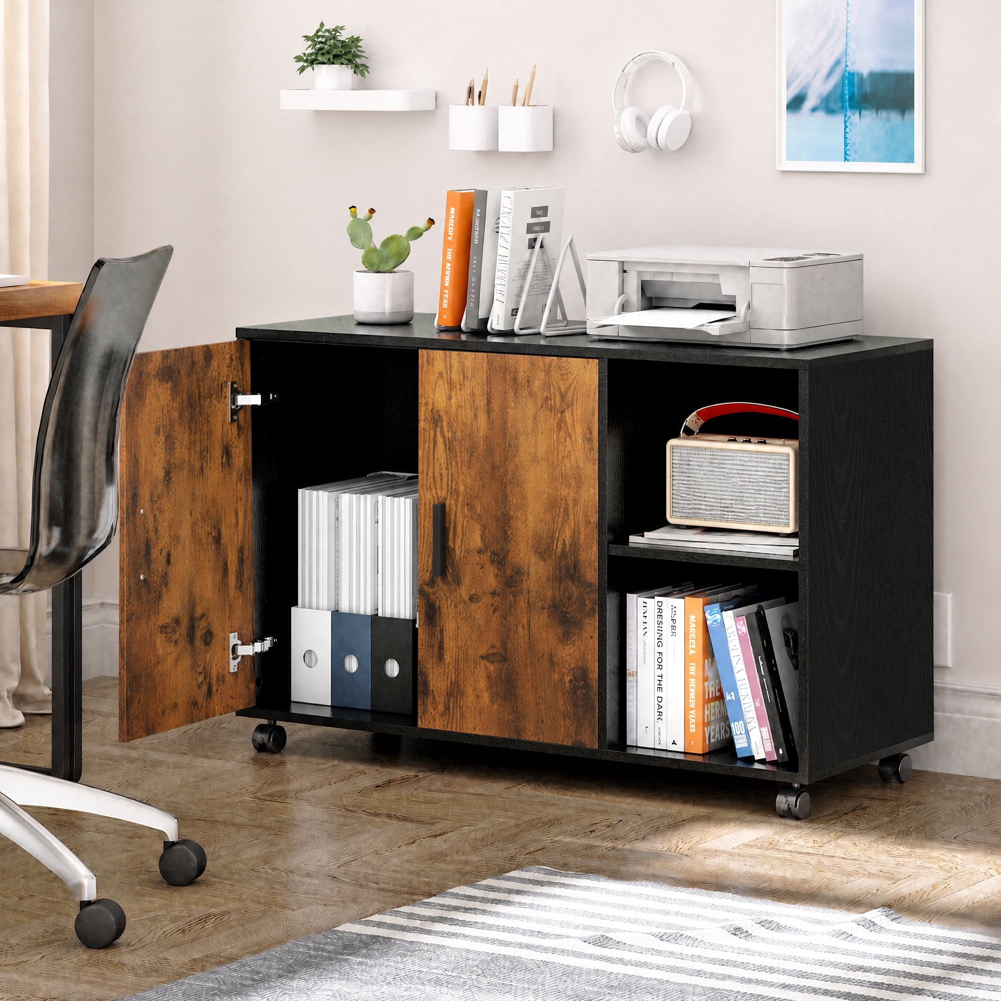 GALAXHERO Wood Storage Cabinets with Doors and Shelves, Lateral File Cabinet & Printer Stand with Storage for Home Office, Rustic Brown
