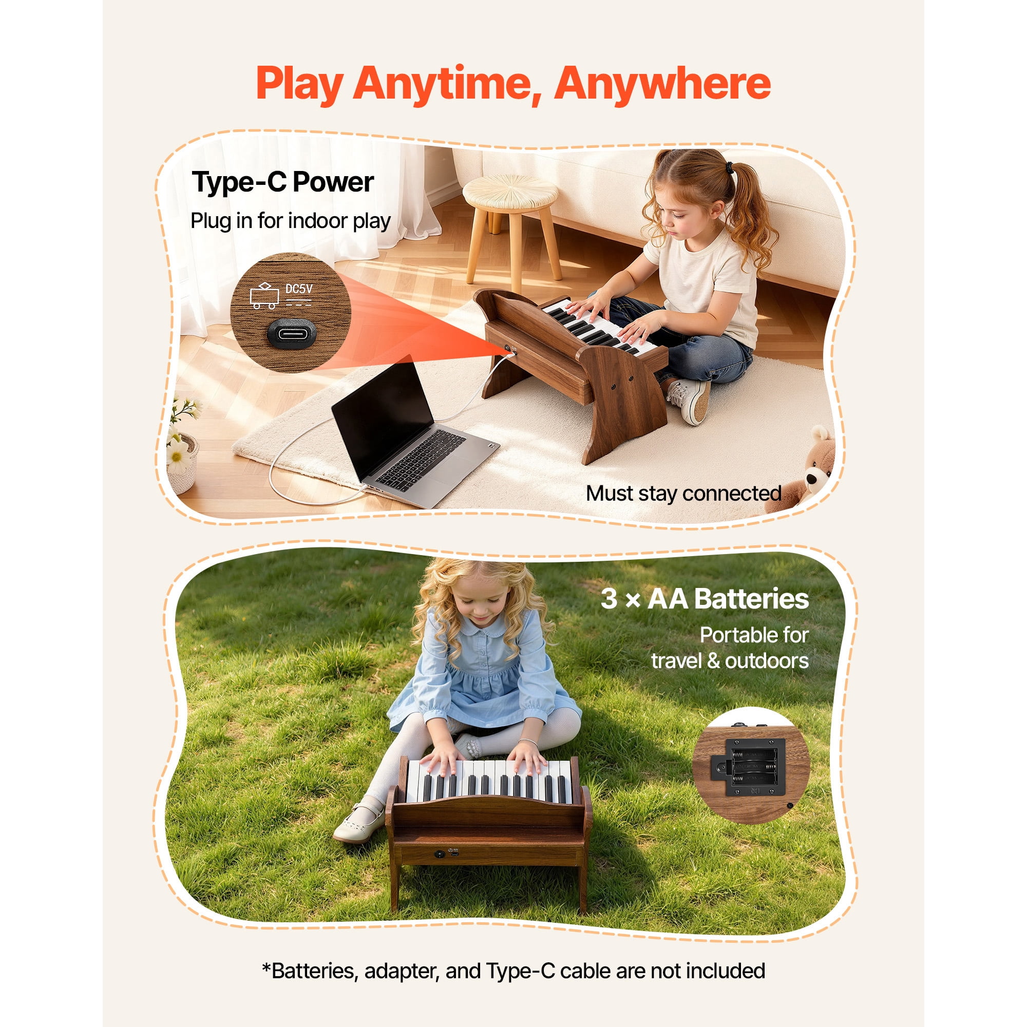 KFFKFF 25-Key Wooden Digital Piano for Kids, Mini Educational Music Instrument with Realistic Sound, Dual Power Options, Adjustable Volume, Ideal for Toddlers and Children, Walnut Finish