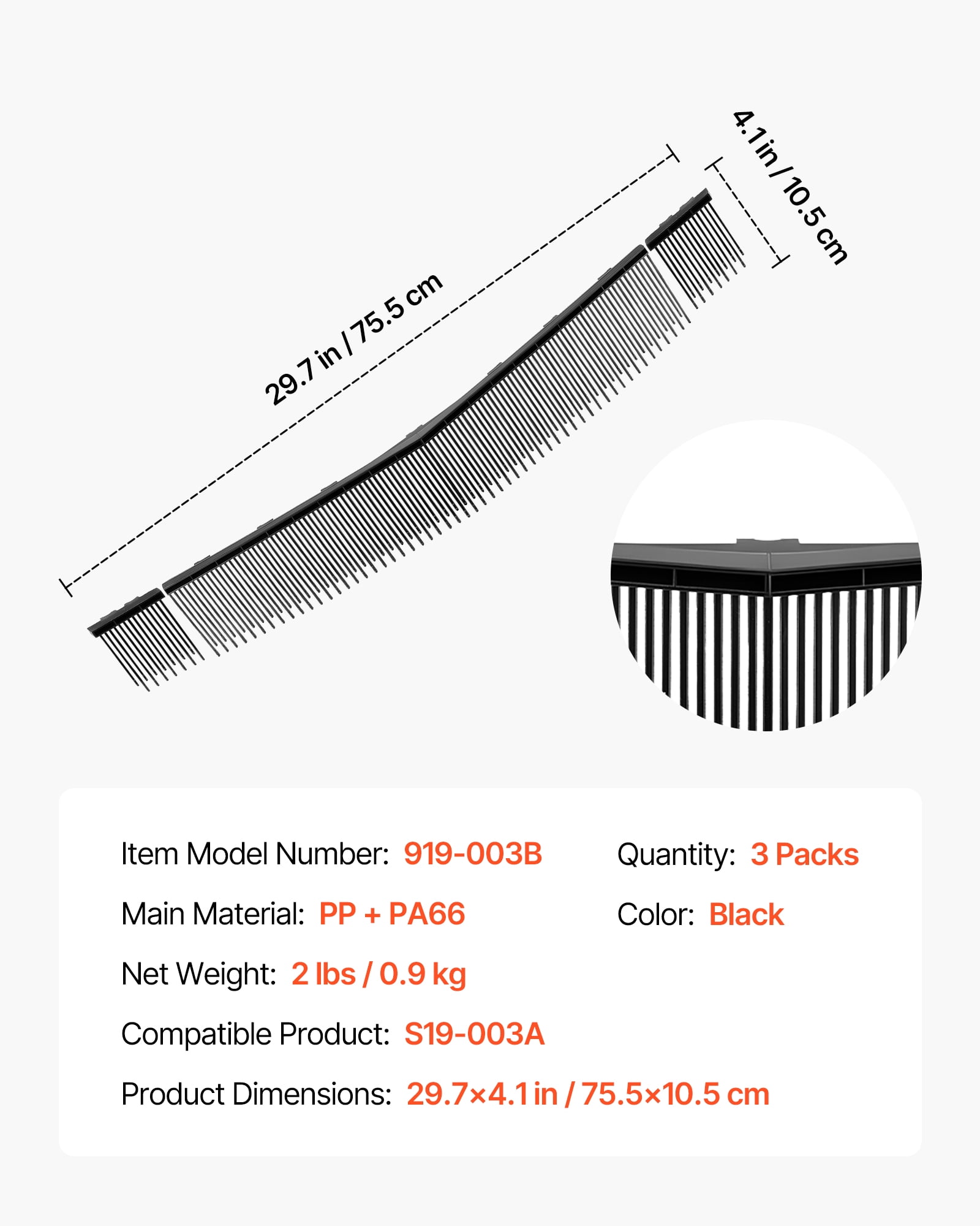 VEVOR 3 Packs Lawn Sweeper Brush Replacement, Compatible with VEVOR 30 in Lawn & Leaf Collector Sweepers, Yard Sweeper Brush Paddle with Durable V-Shaped Bristles for Easy Grass Leaf Cleanup