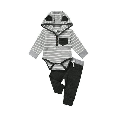 

aturustex Baby Boy Outfits Hoodie Striped Printed Romper Long Sleeve Tops +Drawstring Pants 2Pcs Clothes Set 0-18 Months
