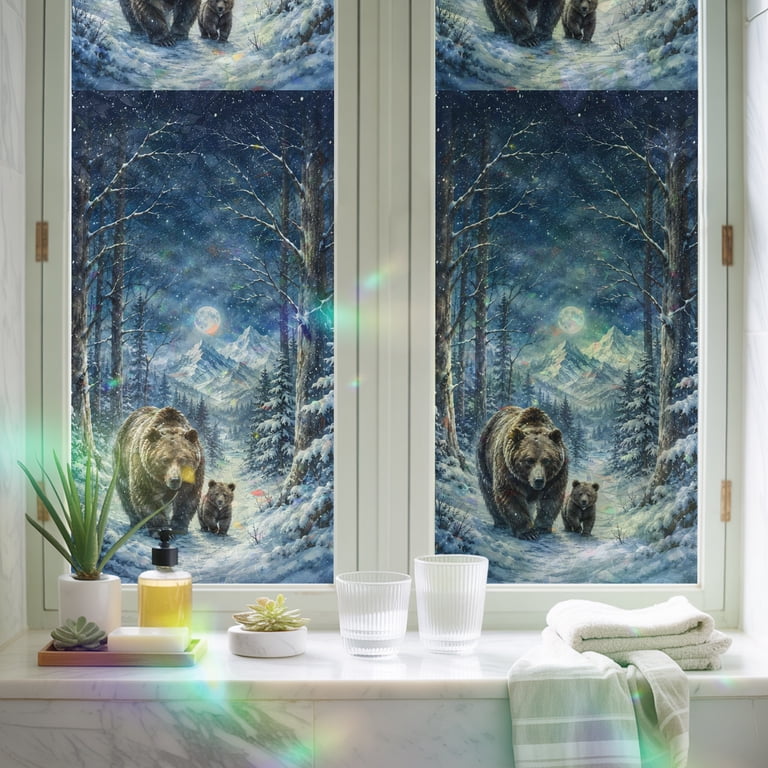 Winter Christmas Night Brown Bear Window Privacy Film,Heat Control Sun ...