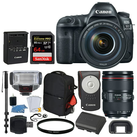 Canon EOS 5D Mark IV DSLR Camera + EF 24-105mm f/4L IS II USM Lens + SanDisk Extreme Pro 64GB Memory Card + Canon RC-6 Remote + Vivitar Series 1 Trolley Backpack + TTL Flash + Monopod – Valued