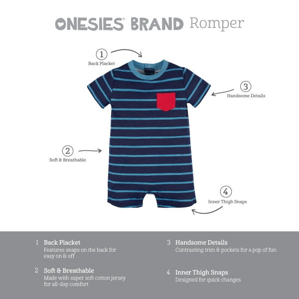 Onesies Brand Baby Boy Short Sleeve and Sleeveless Rompers, 3-Pack, Sizes 0/3 Months - 24 Months